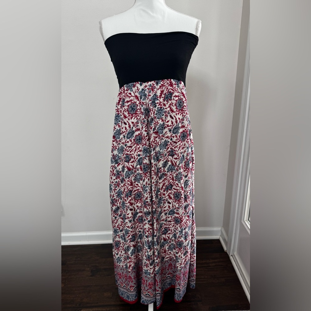 Solitaire Black Tube Top and Red and Blue Floral Maxi Dress